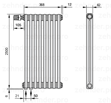 Схема (чертеж) Радиатор Zehnder Charleston 2250/8 №V001 Белый глянцевый RAL 9016